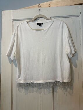 J. Crew White Short Sleeve sequin Fringe-Hem Tee